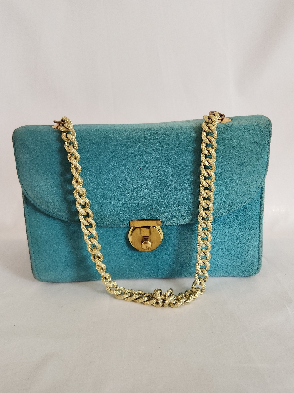 Vintage Turquoise Suede Gold Chain Shoulder Bag Slide Lock Clutch Retro Chic